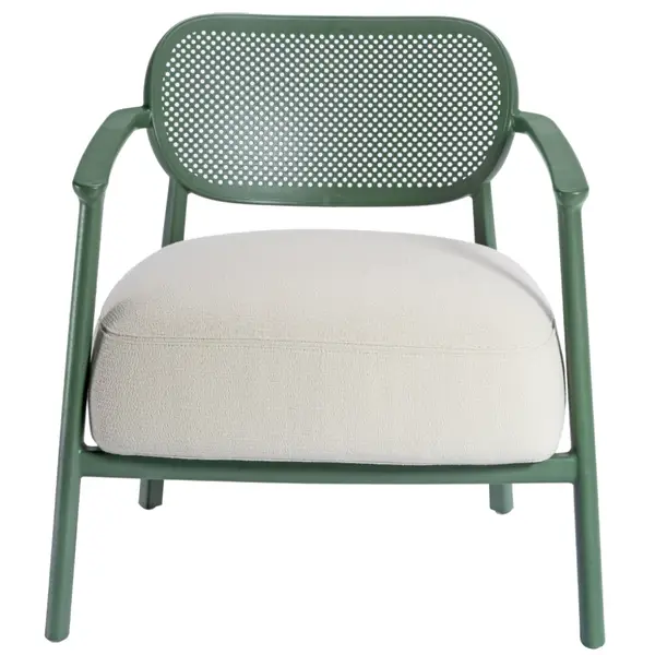 Front view of a Nuta Lounge Chair with a green frame, perforated backrest, and plush off-white seat cushions.