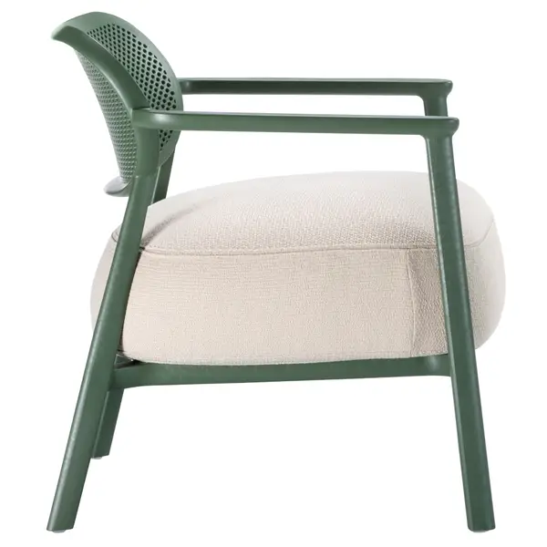Side view of the Nuta Lounge Chair featuring an olive green frame, perforated backrest, and cream upholstered seat.