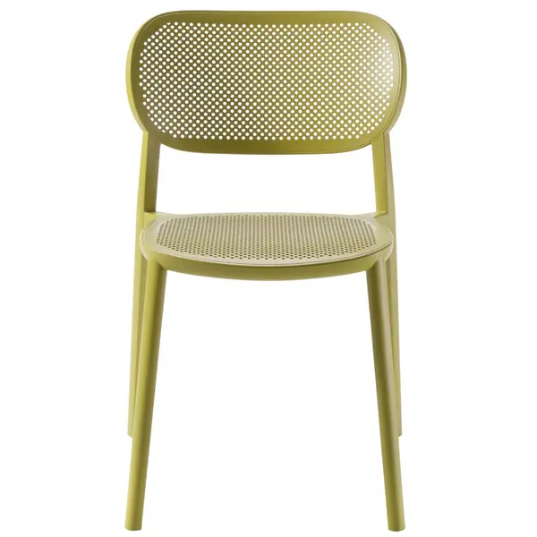 Front view of an olive green Nuta lounge chair, highlighting the perforated technopolymer seat and backrest design.