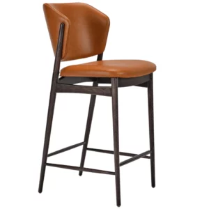 Silene barstool with tan leather upholstered seat, curved backrest, and dark solid wood four-legged frame.