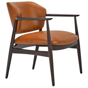 Silene lounge chair with tan leather upholstery and a dark wood frame, shown from a side angle.