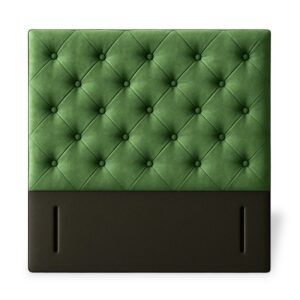 Front view of a green velvet Chester double headboard with diamond button tufting and a solid brown base.