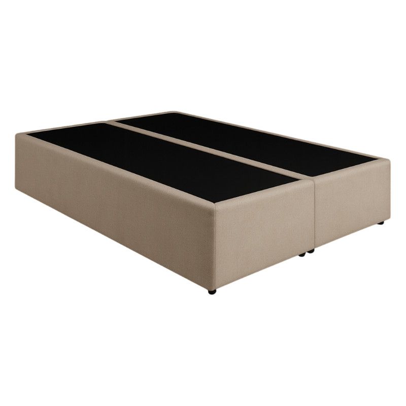 High-angle view of a beige upholstered Double Divan bed base with two split sections on small black feet.