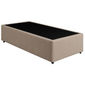 Compact Single Divan bed base in beige fabric with a black top surface, viewed from a high-angle perspective.