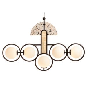Frame Large Pendant Light with five spherical glass shades, black metal frame, rattan detail, and terrazzo accent.