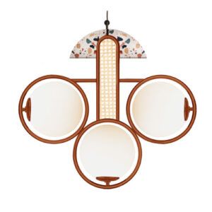 Frame Medium Pendant Light with three round frosted glass shades, metal structure, terrazzo top, and rattan detailing.