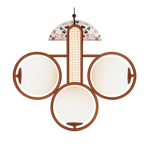 Frame Medium Pendant Light with three round frosted glass shades, metal structure, terrazzo top, and rattan detailing.