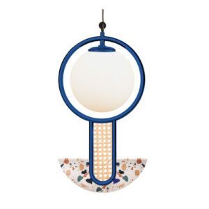 Front view of the Frame Medium Pendant Light, featuring a circular blue frame, woven rattan, and semicircular terrazzo.
