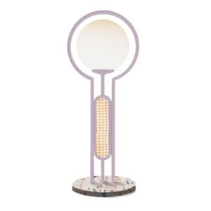 Frame Table Lamp featuring a lavender metal frame, rattan accent, spherical light, and a speckled terrazzo base.