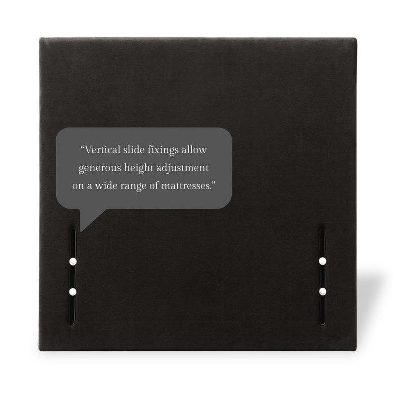 Back of Twin Pillar Small Single Headboard in black, highlighting adjustable vertical slide fixings for height.