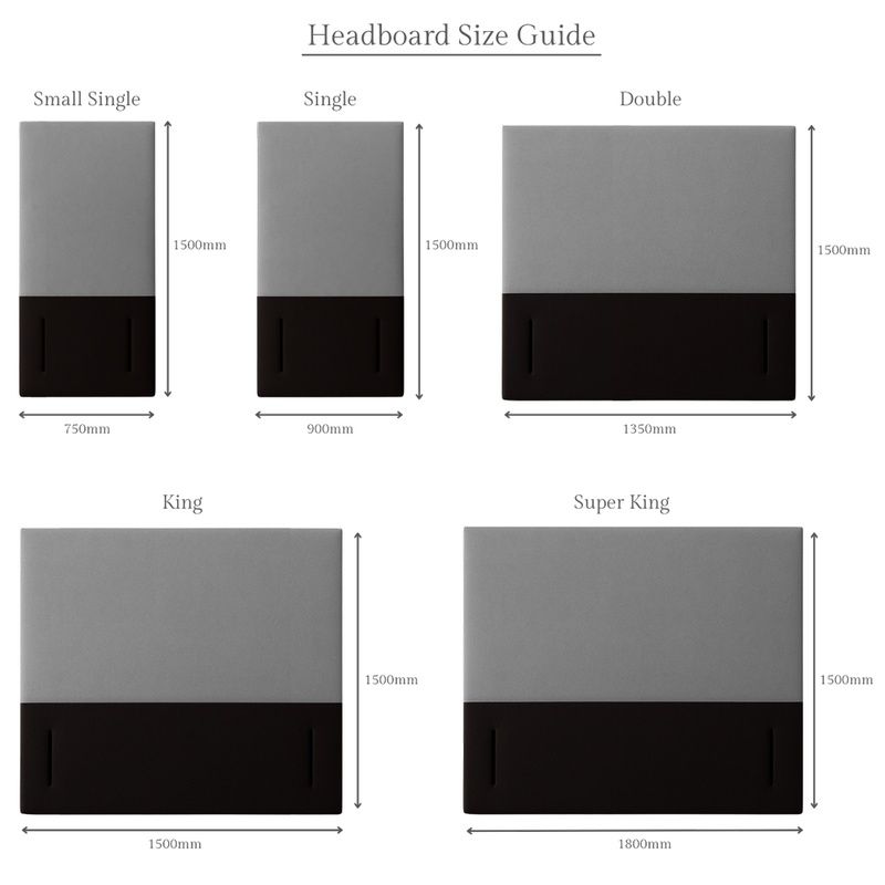 Size guide diagram showing dimensions for Twin Pillar headboards from Small Single to Super King in grey and black.