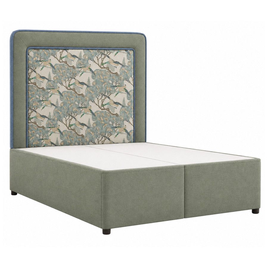Divan Small Single base upholstered in olive fabric with a matching patterned headboard and contrasting blue edge trim.