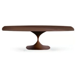 Leo Dining Table in dark wood with a sleek, minimalist pedestal base and smooth oval top, shown from eye-level.