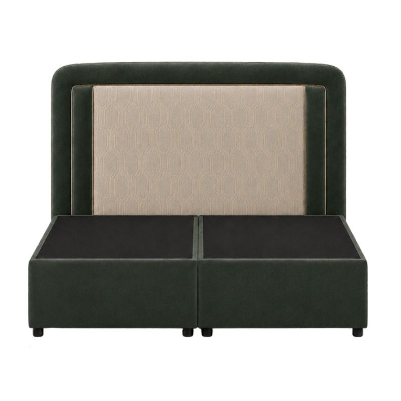 Front view of a Mira headboard featuring a beige patterned inlay, forest green velvet border, and matching divan base.