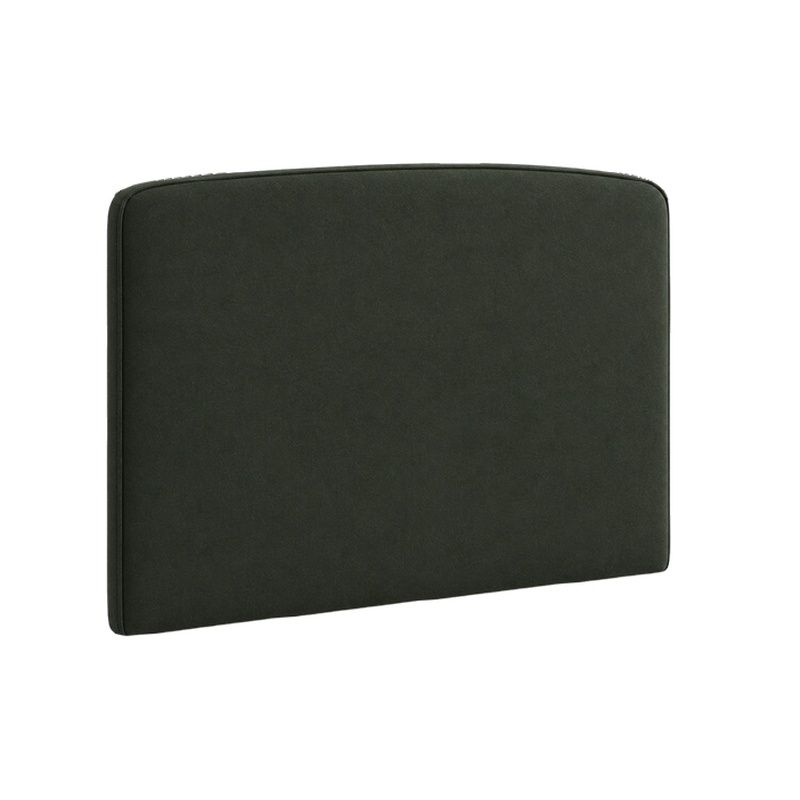 Minimalist dark green fabric Rowan single headboard with a clean, contemporary curved top edge, seen at a side angle.