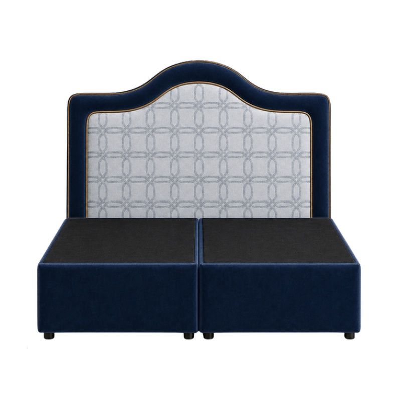 Front view of a Mulberry double headboard featuring a blue velvet frame, gold piping, and a patterned grey fabric inlay.