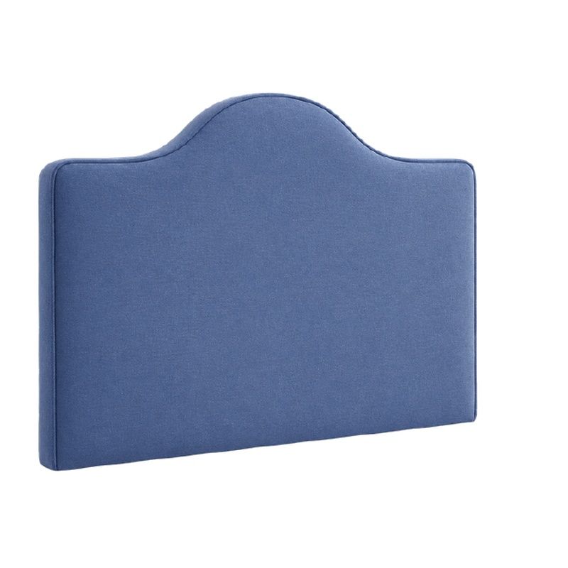 Blue upholstered Mulberry double headboard with a curved top and smooth fabric finish, viewed from a side angle.