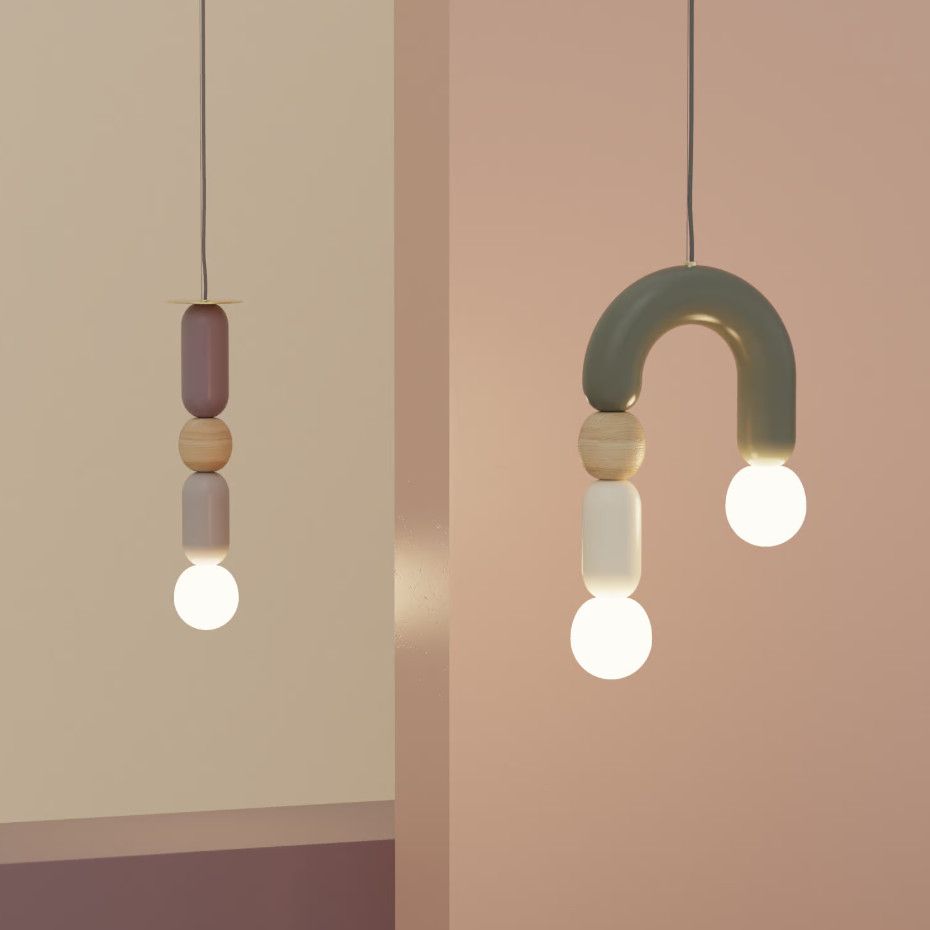 Play I Pendant Light shown with U-shaped olive metal frame, natural oak accents, and dual glowing spherical bulbs.