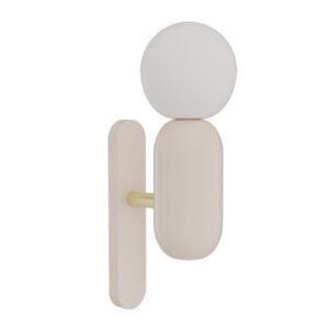 Play I Wall Light featuring a matte cream pill-shaped body, gold stem, and white spherical glass shade.