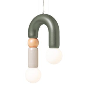 Play II pendant light featuring a sage green metal arch with oak wood, beige accents, and two glowing orb light bulbs.