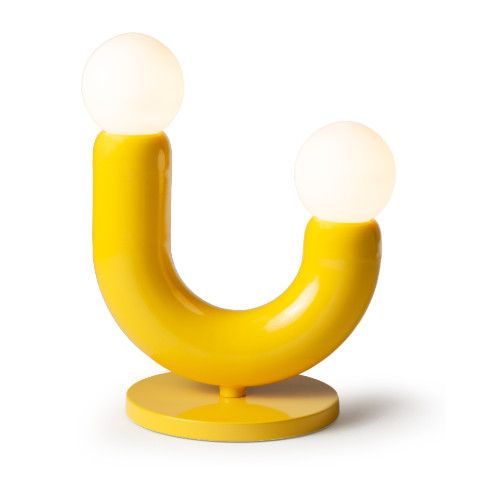 Play II table lamp in bright yellow lacquered metal with two illuminated frosted glass globe bulbs on white background.