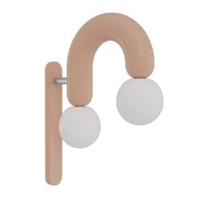 Play II wall light featuring a curved peach-toned lacquered metal frame with two round white glass globe bulbs.