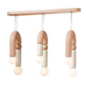Play III pendant light with three blush metal U-shaped frames, oak wood details, and six suspended glowing glass spheres.