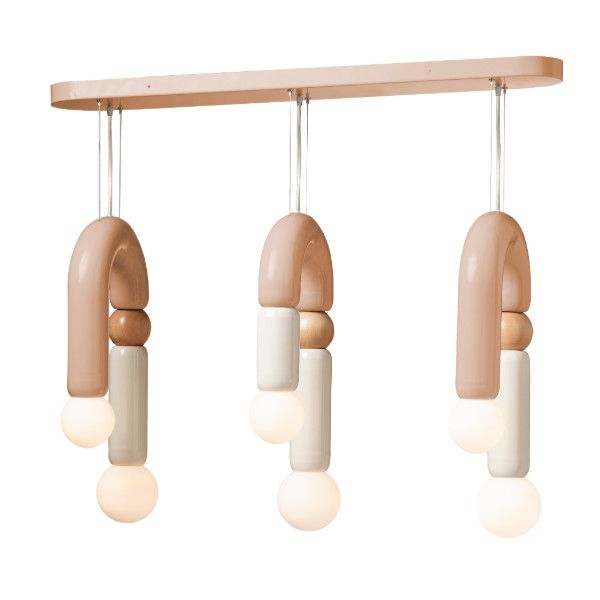 Play III pendant light with three blush metal U-shaped frames, oak wood details, and six suspended glowing glass spheres.
