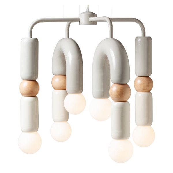 Play IV Pendant Light featuring sculptural white lacquered metal, natural oak wood accents, and six glowing globe bulbs.