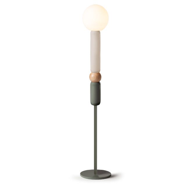 Play V floor lamp with a green metal stem, oak wood detail, and a glowing white spherical glass shade.