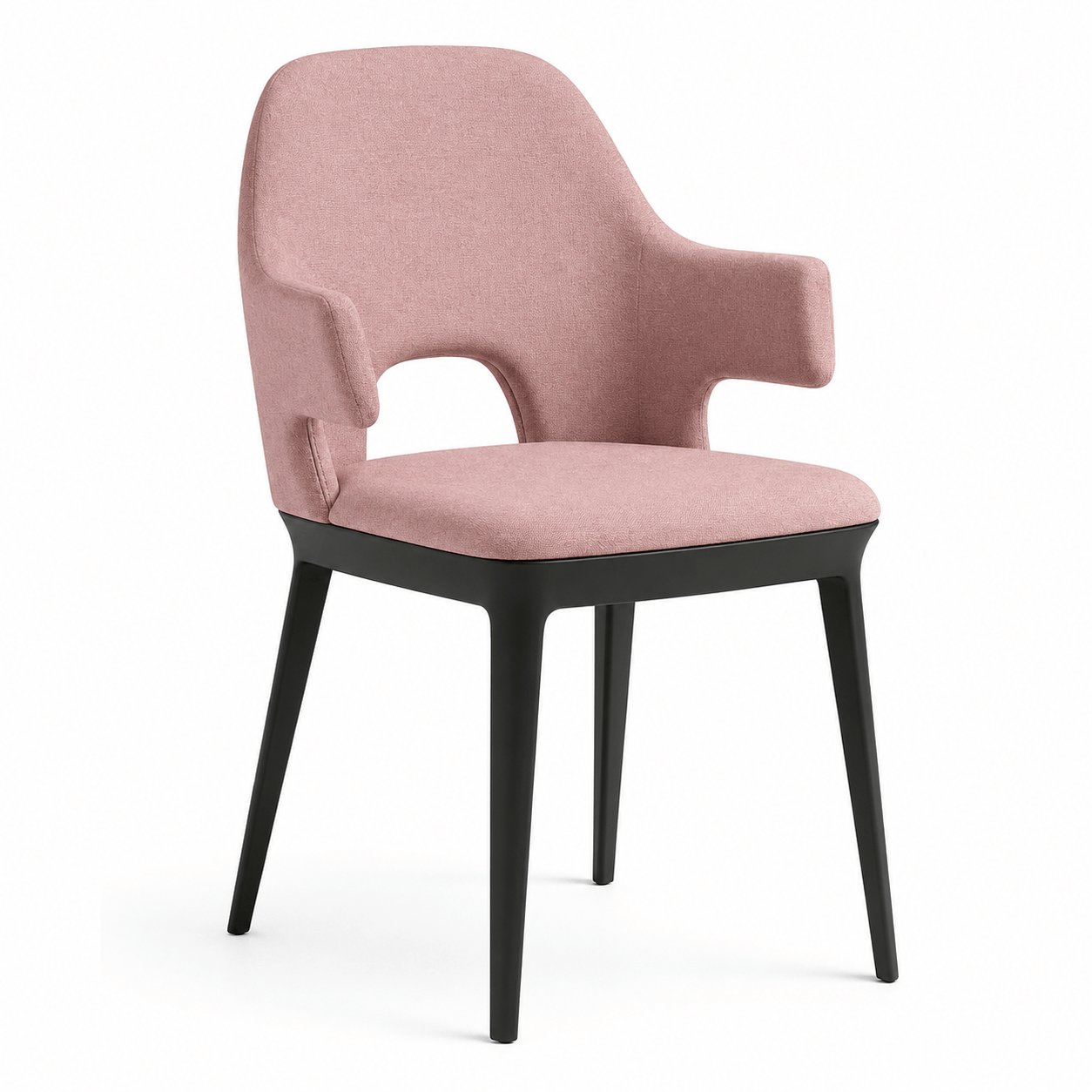 Three-quarter angle view of a Relay Open Back Armchair with soft pink fabric and a sleek, contrasting black frame.