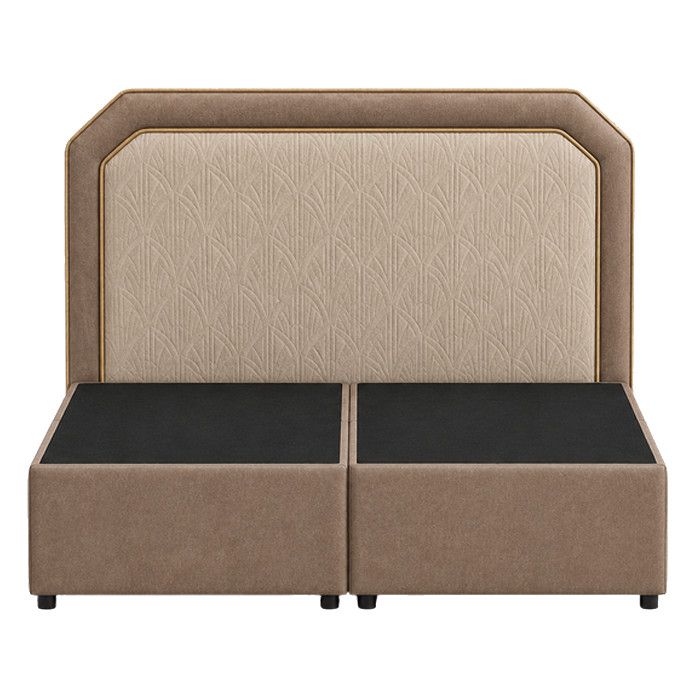 Front view of a Rowan Small Single Headboard with tan geometric fabric inset and solid brown trim on a matching bed base.