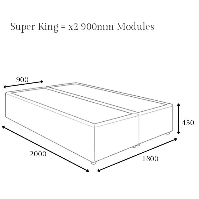 Technical line drawing showing dimensions for a Super King Divan bed base composed of two 900mm wide modular sections.