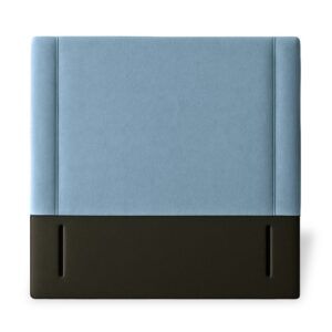 Twin Pillar Small Single Headboard in light blue fabric with a dark brown base panel, shown from a front-facing view.