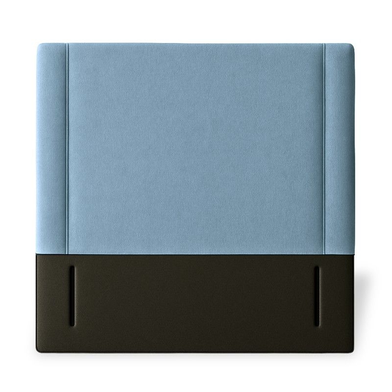 Twin Pillar Small Single Headboard in light blue fabric with a dark brown base panel, shown from a front-facing view.