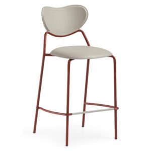Vida barstool with a terracotta metal frame, light grey upholstered seat, and sculpted backrest on a white background.