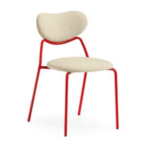 Vida side chair with a bright red metal frame and cream upholstered seat and back in a three-quarter view.