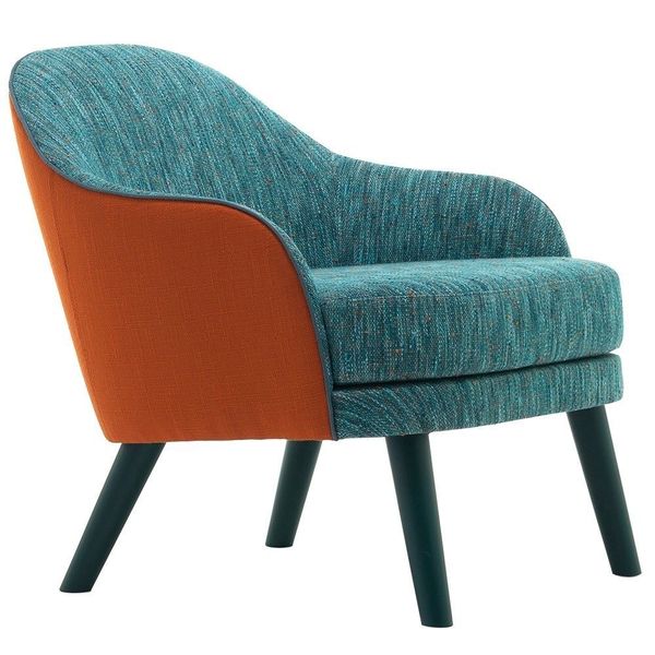 Carmen lounge chair featuring two-tone teal textured fabric and vibrant orange exterior with dark timber legs.
