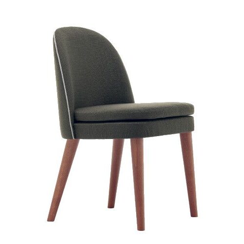 Profile view of the Carmen Side Chair featuring warm timber legs and dark green fabric upholstery with light piping.