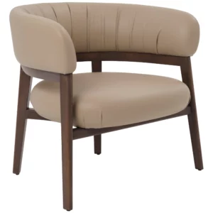 Cora Lounge Chair with dark wood frame and beige upholstered curved seat and pleated backrest, three-quarter view.