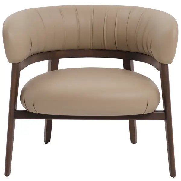 Front view of the Cora Lounge Chair, showcasing its pleated backrest and dark wood frame with a neutral upholstered seat.
