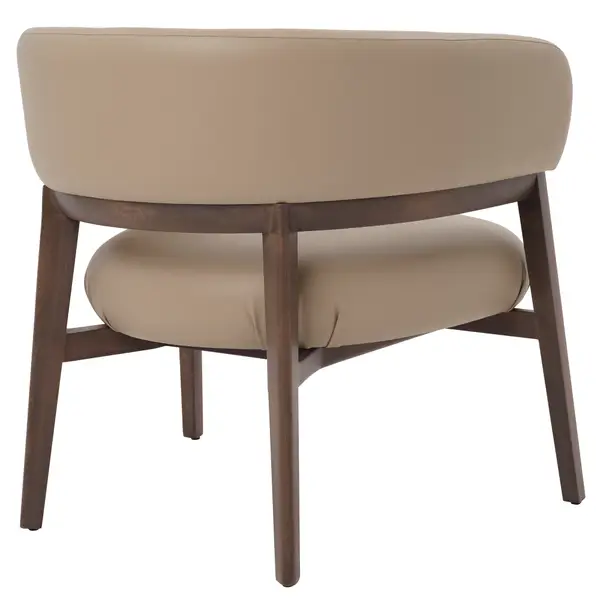Rear view of the Cora Lounge Chair featuring a smooth beige upholstered back, solid wood frame, and four-legged base.