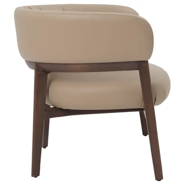 Side angle of the Cora Lounge Chair, highlighting the wooden leg structure and seamless beige upholstered seat.