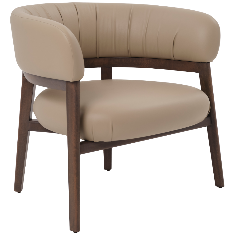 Cora Lounge Chair with dark wood frame and beige upholstered curved seat and pleated backrest, three-quarter view.
