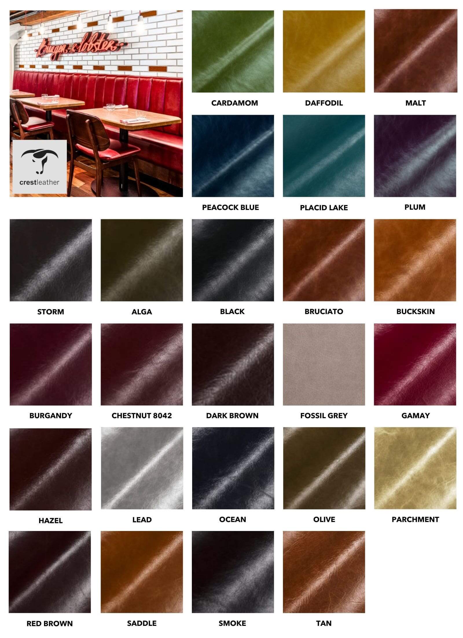 Grid of Crest Leather samples showing diverse colors and textures alongside a restaurant interior with red booth seating.