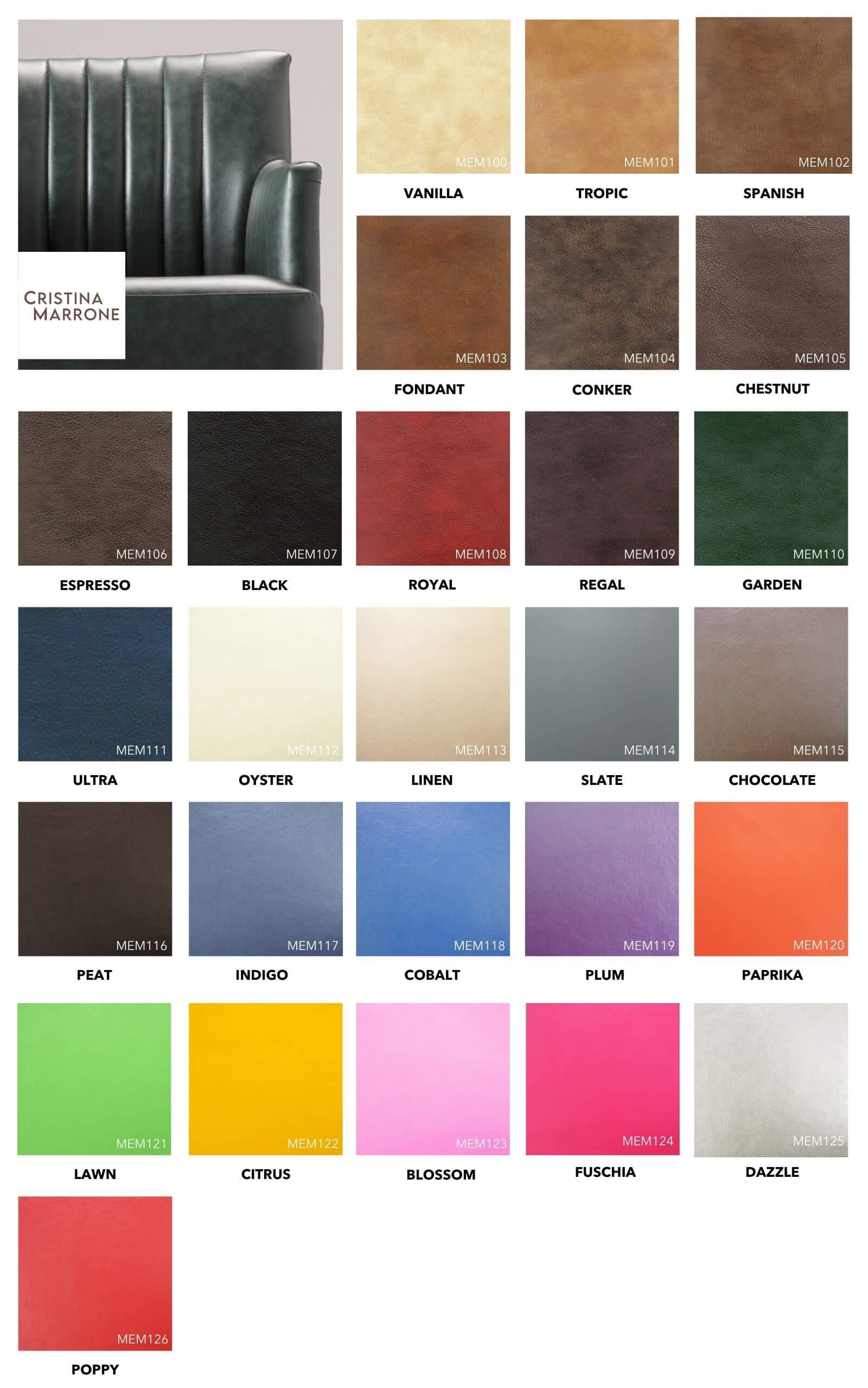Cristina Marrone Memphis faux leather collection displayed as a grid of thirty-one labeled color swatches and a sofa.