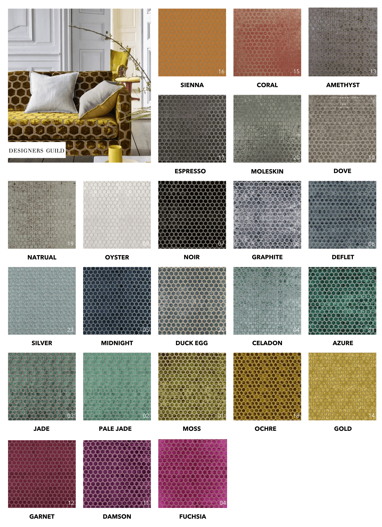 Designers Guild Manipur velvet fabric samples displayed in a grid of twenty-five distinct honeycomb pattern colors.