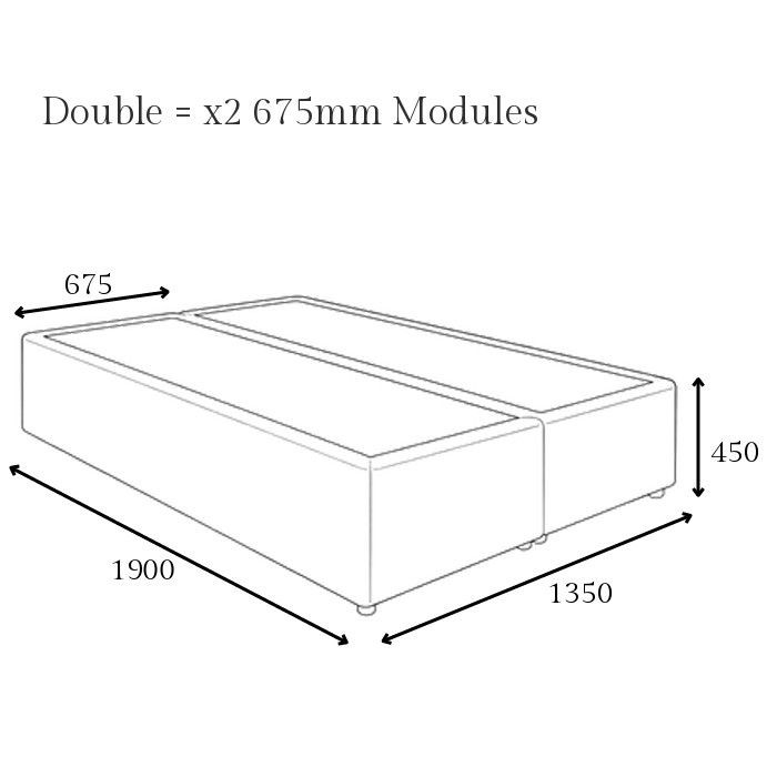 Technical dimension drawing of a Double Divan bed base showing two 675mm modular sections with height and width labels.