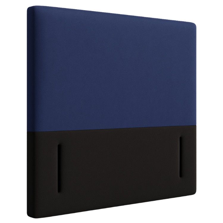 Side-profile view of a blue and black fabric upholstered headboard designed for a Double Divan bed base.