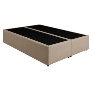 High-angle view of a beige upholstered Divan King bed base, showing two connected sections with a black top surface.